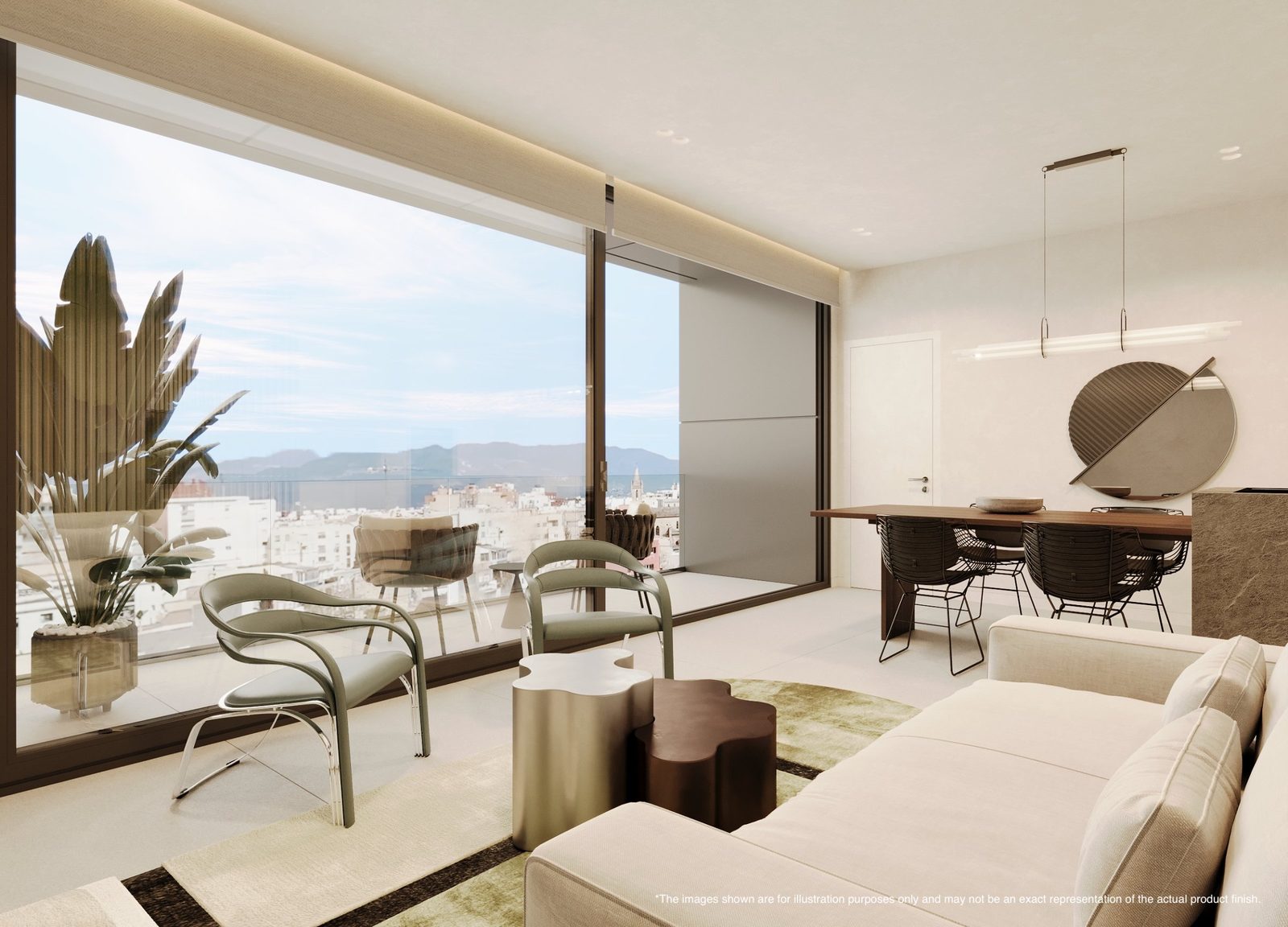 Contemporary living and dining room with marina views in