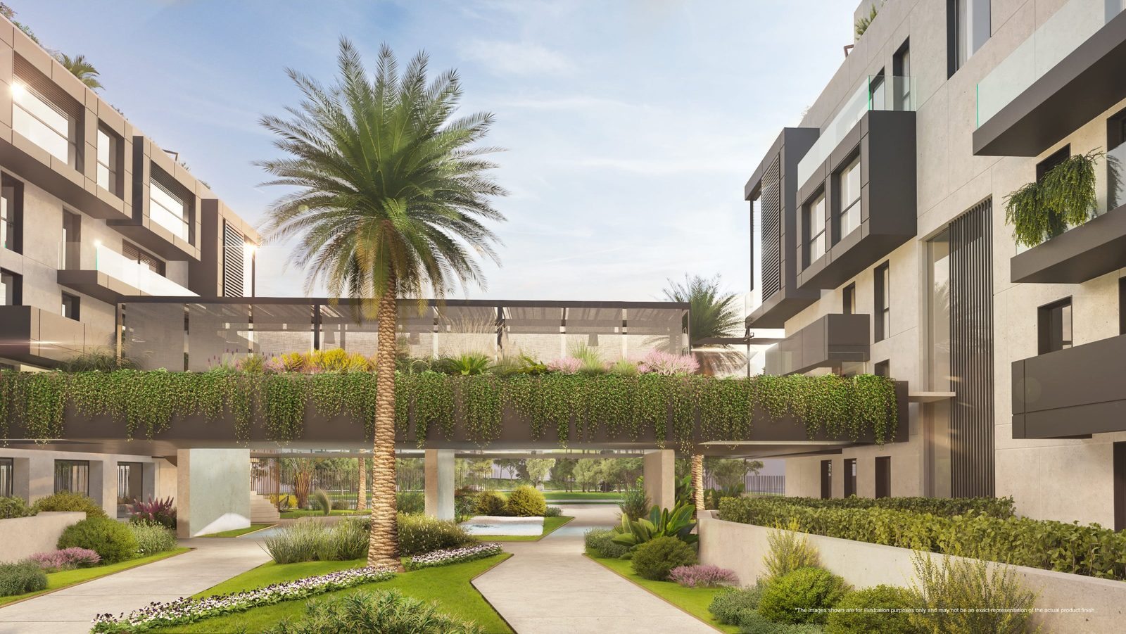Landscaped courtyard with palm trees and modern buildings of a 2-bedroom apartment in Portixol - The Estates
