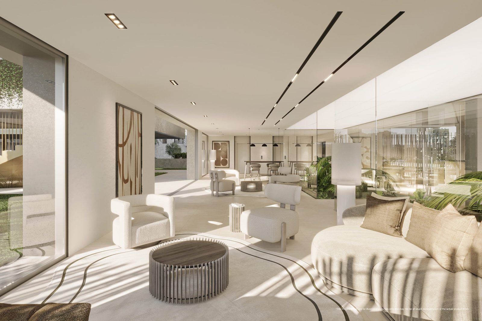 Contemporary communal lounge with curved sofa, armchairs and dining area