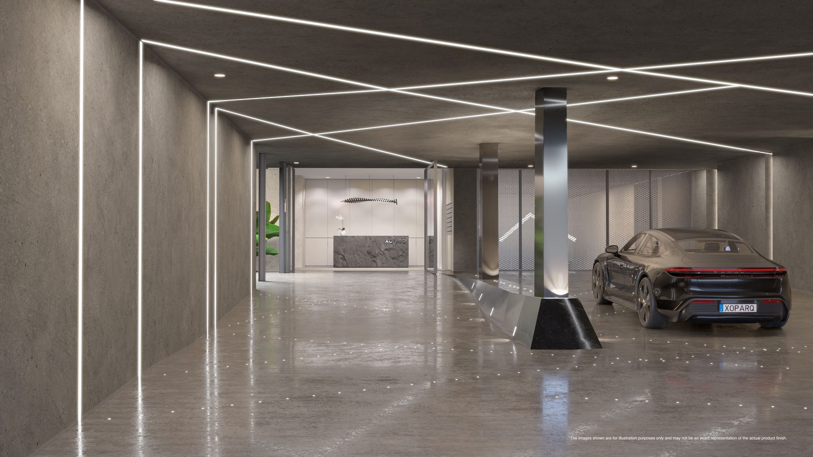 Modern underground parking area with a luxury car and reception desk of a 2-bedroom apartment in Portixol - The Estates