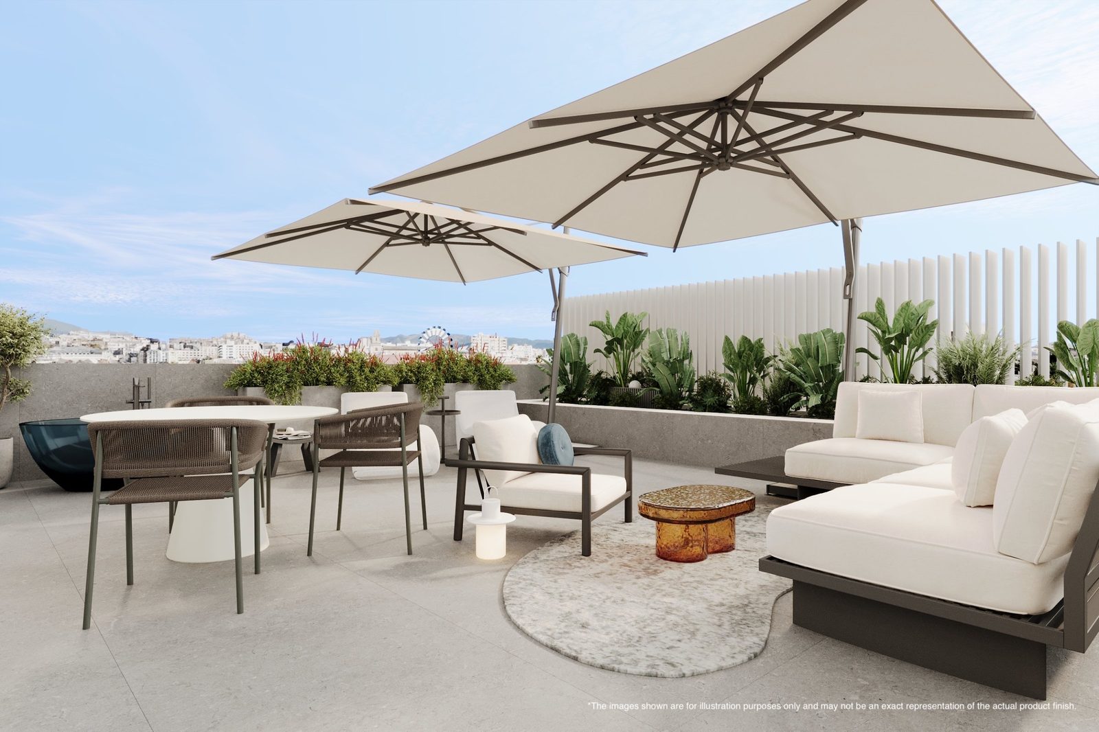 Rooftop terrace with outdoor dining, lounge seating, umbrellas and marina views of Palma in a 2-bedroom apartment in Portixol - The Estates