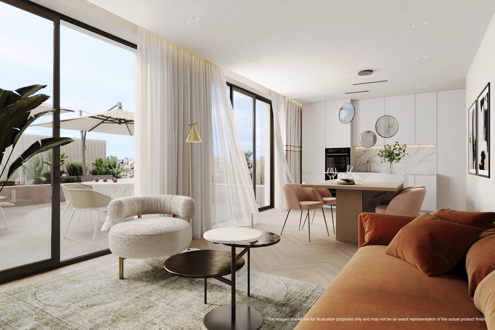 Contemporary living room and open-plan kitchen with terrace and marina views of a