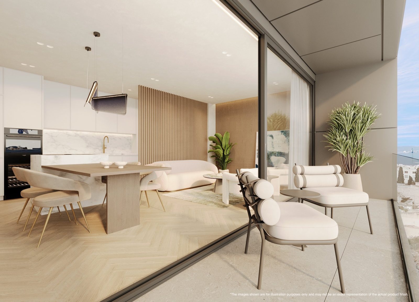 Open-plan kitchen and living area with balcony seating and marina views in a 2-bedroom apartment in Portixol - The Estates