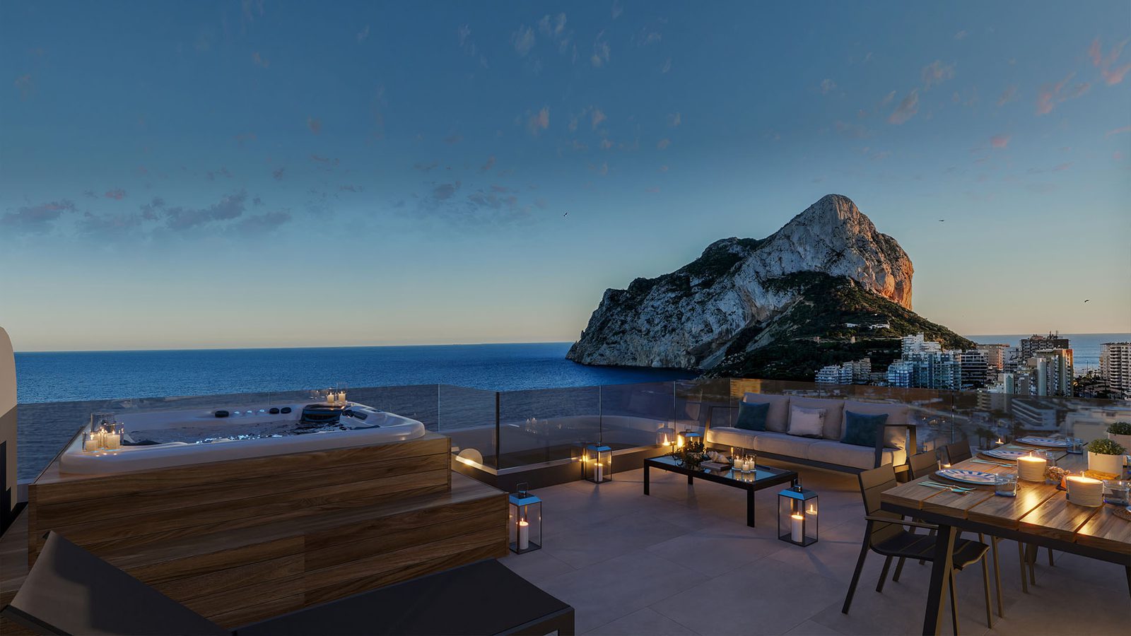 Panoramic sea views from the terrace of a 3-bedroom apartment in Calpe - The Estates