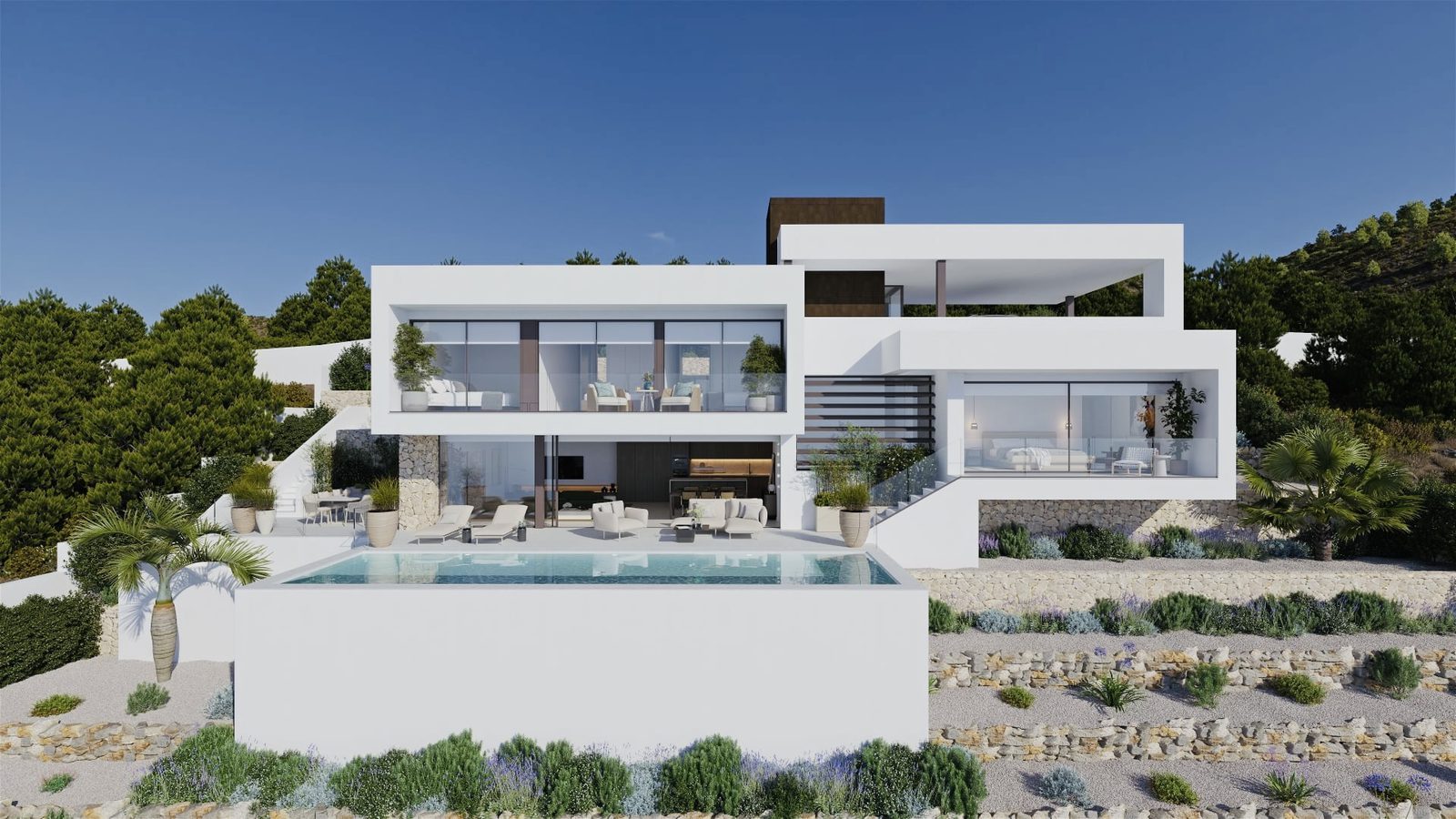 Modern white villa with infinity pool, terraces and landscaped gardens of a 4-bedroom villa