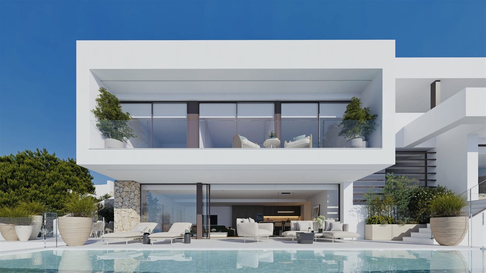 Modern villa exterior with swimming pool, terrace and landscaped gardens of a 4-bedroom villa in