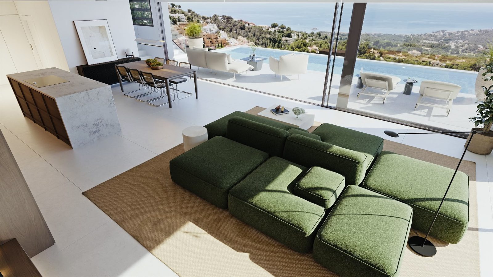 Open-plan living and dining room with panoramic sea views in a 4-bedroom villa in Altea - The Estates