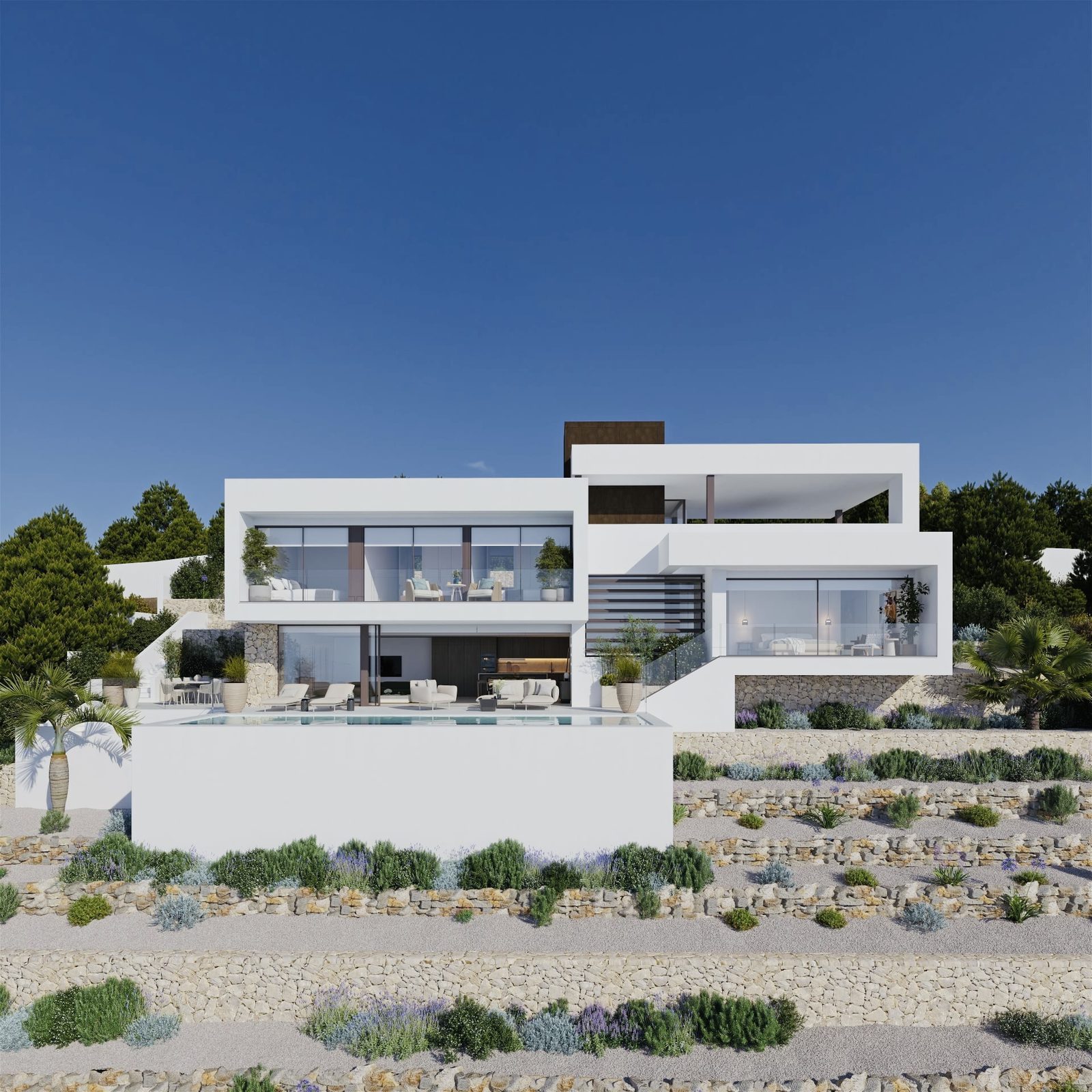 Modern white villa with pool, terraces and landscaped stone gardens in Sierra Altea - The Estates