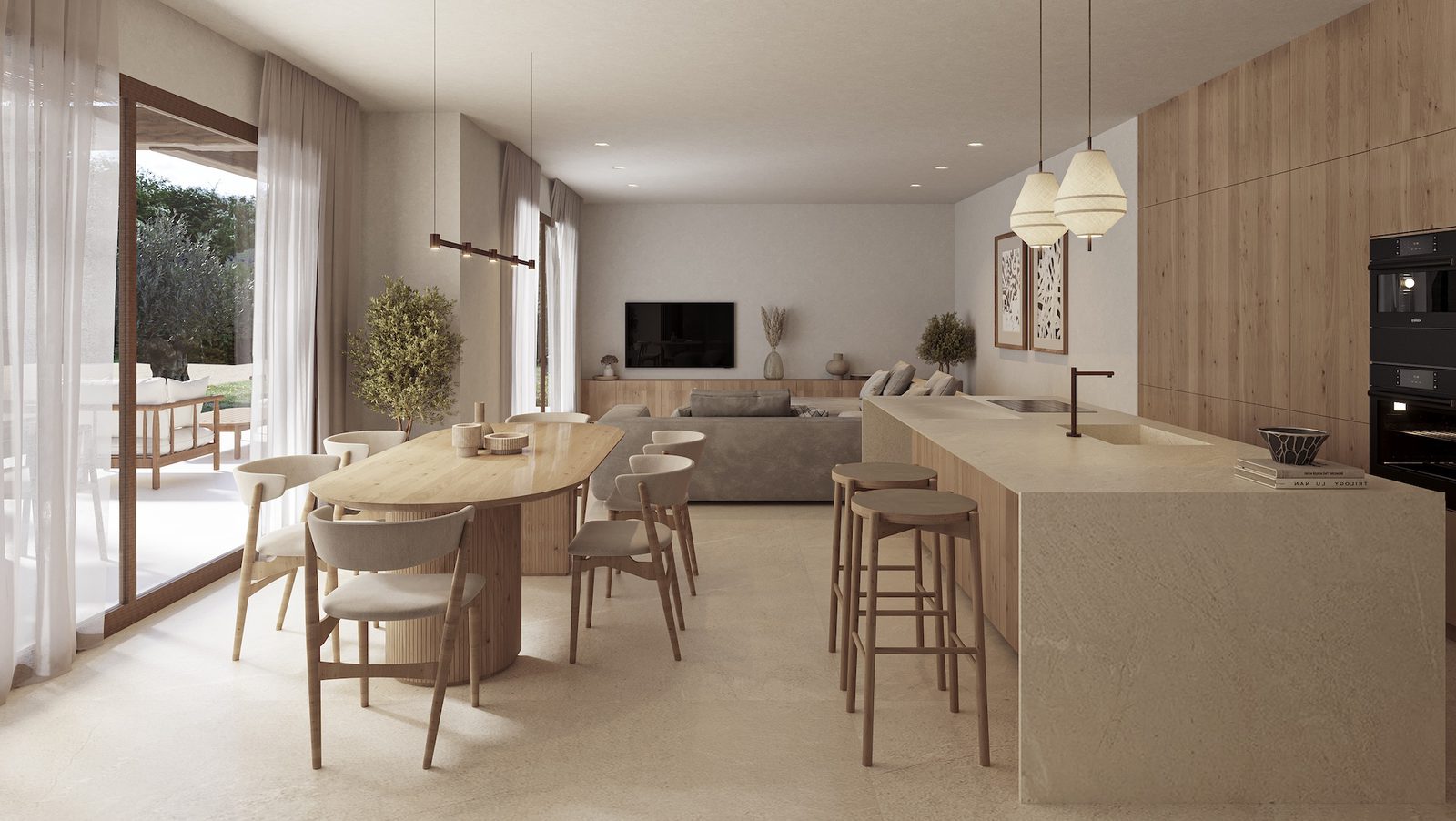 Stylish living and dining area with a modern kitchen in a 3-bedroom villa in Benissa - The Estates