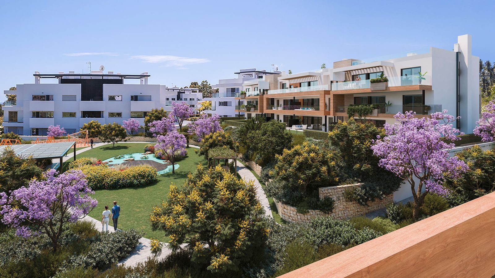 Landscaped communal gardens and modern residences of a 2