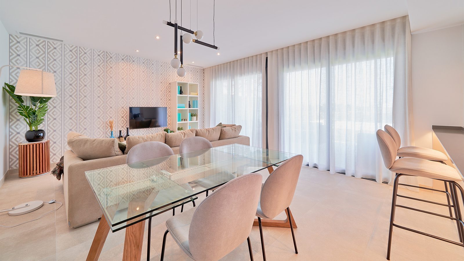 Contemporary open-plan living and dining area with patterned