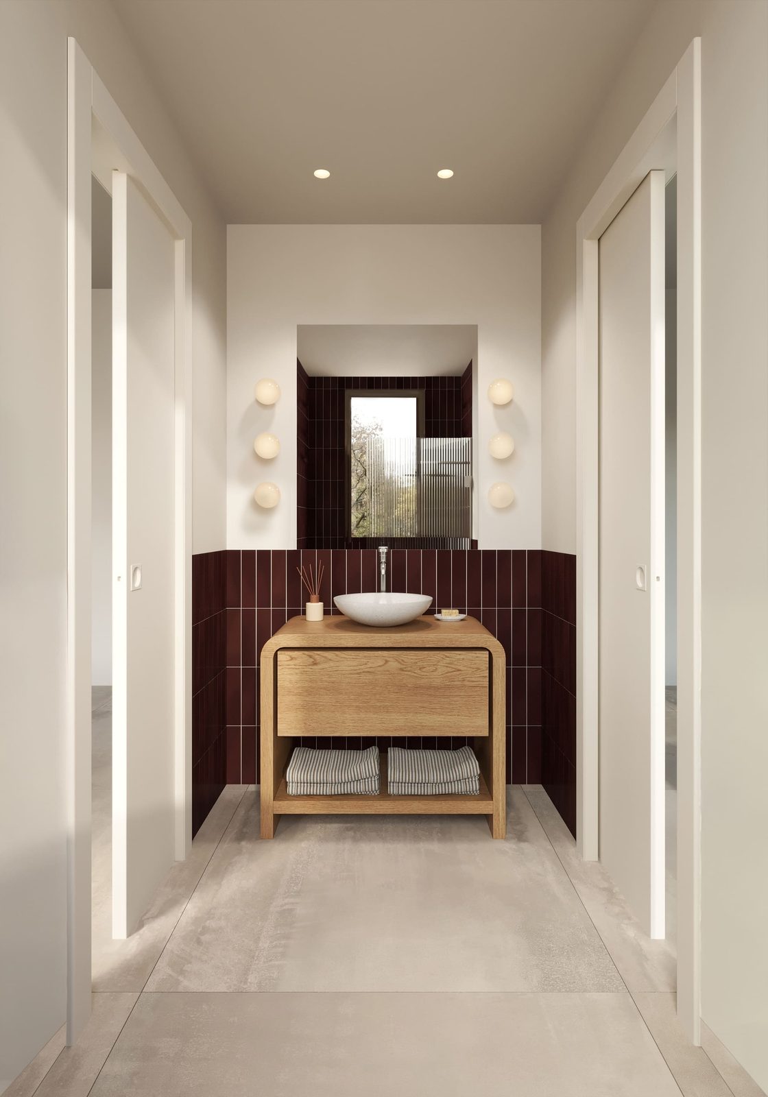 Modern bathroom vanity with vessel sink and burgundy tiles in a 3-bedroom villa in Algorfa - The Estates
