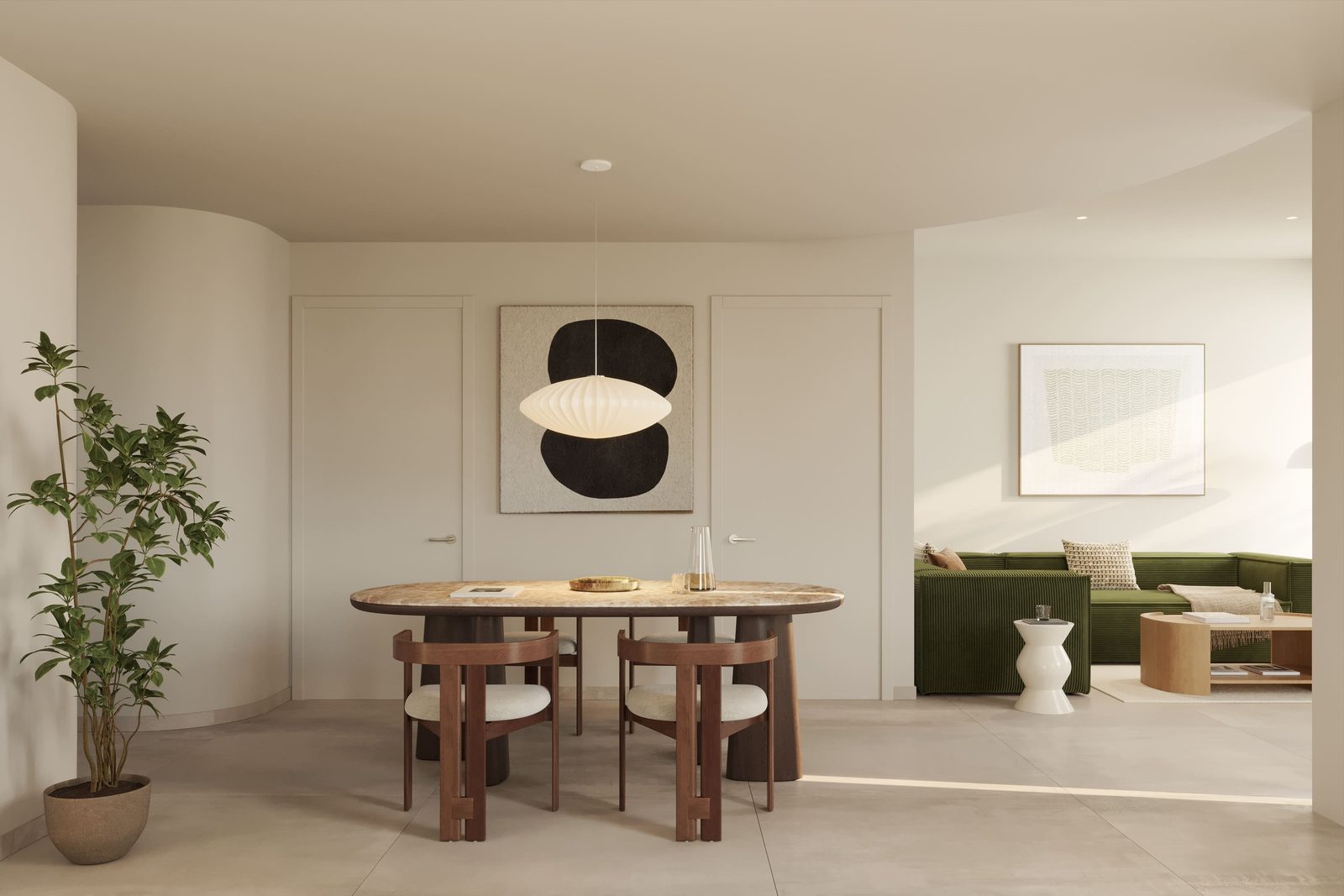 Modern dining area with pendant light and adjoining living room in a 3-bedroom villa in Algorfa - The Estates