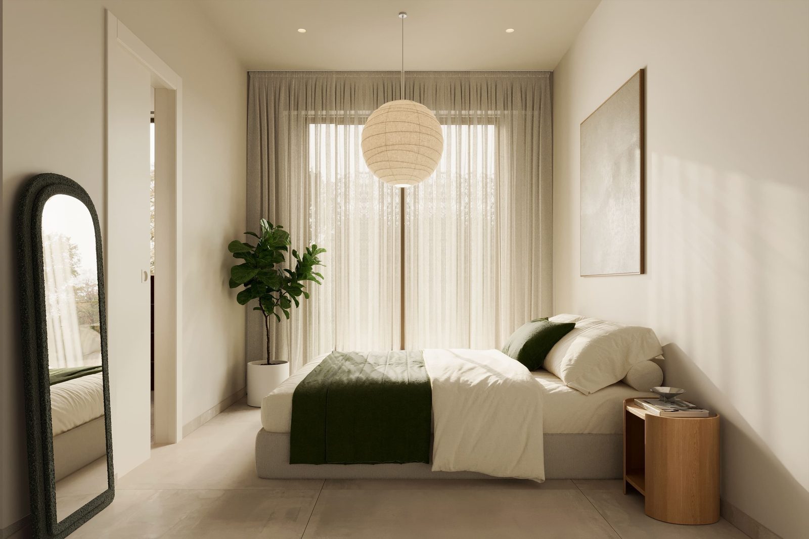 Modern double bedroom with sheer curtains, pendant light and potted plant of a 3-bedroom villa in Algorfa - The Estates