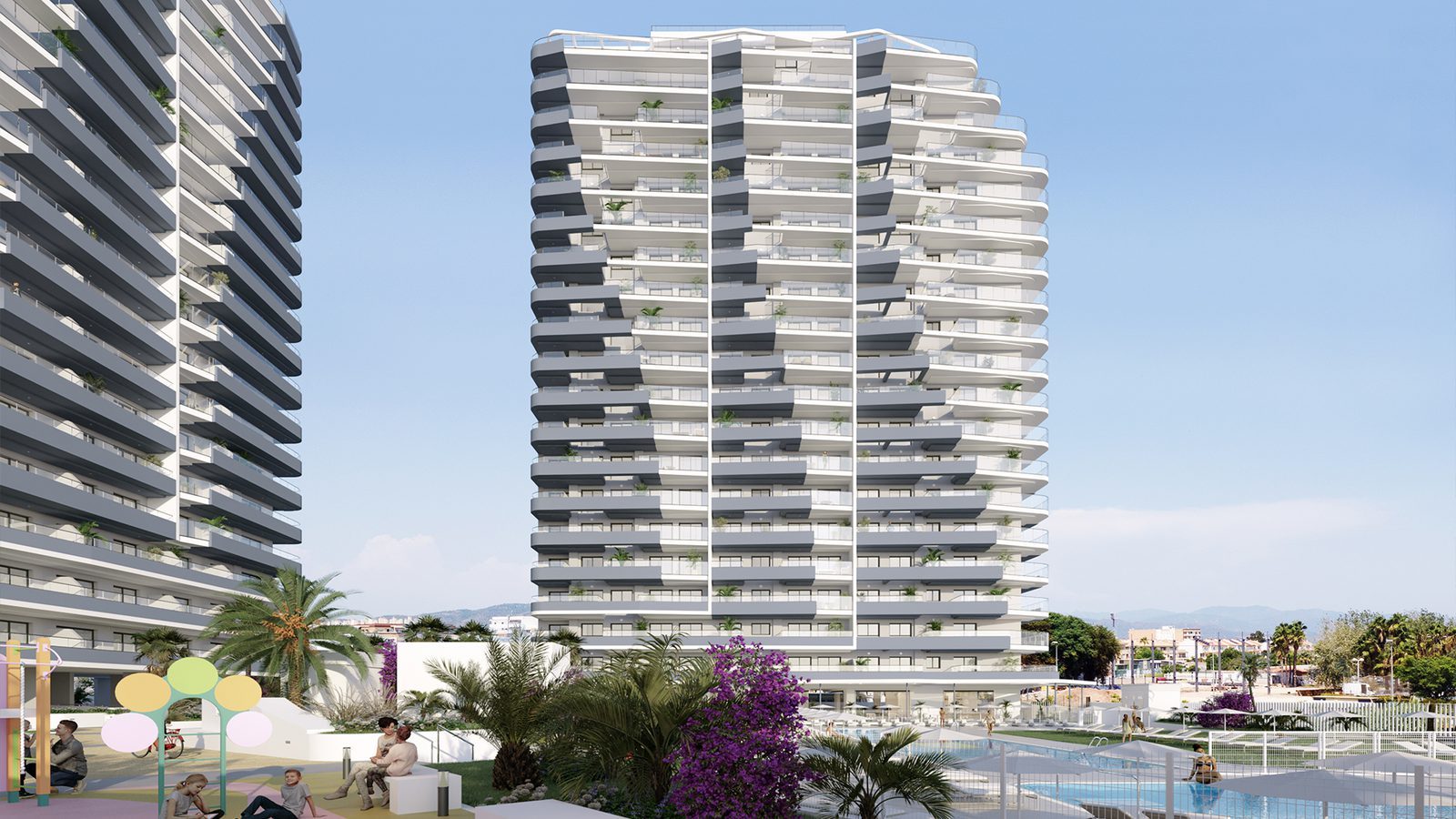 Modern apartment complex with balconies, swimming pools, landscaped gardens and a children's play area of a 3-bedroom apartment in Canet den Berenguer - The Estates
