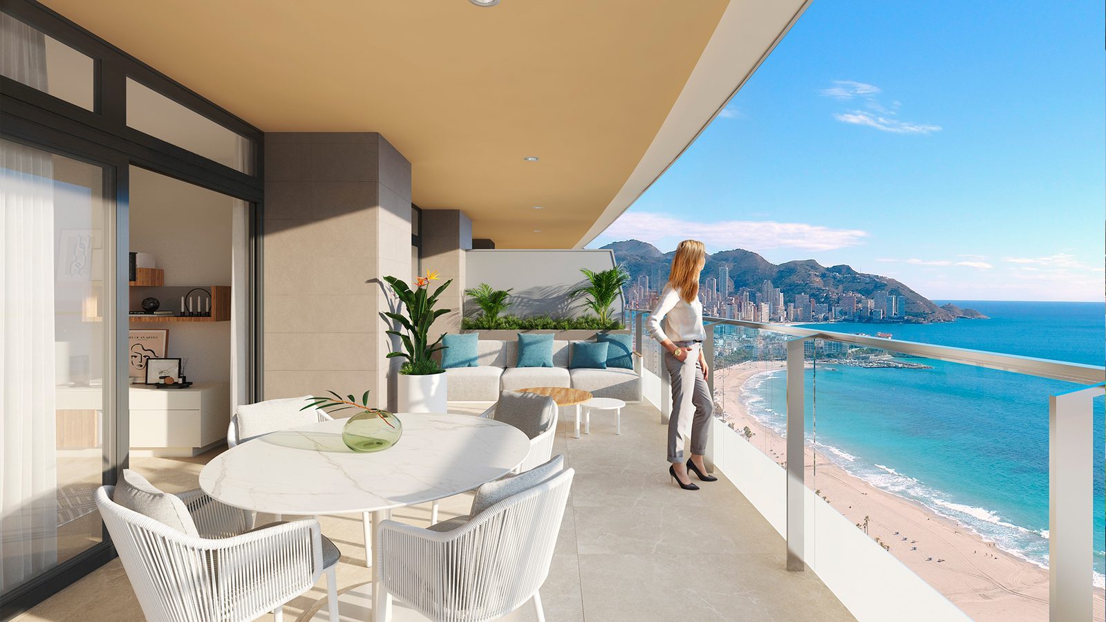 Furnished terrace with panoramic sea views of a 3-bedroom apartment in Benid