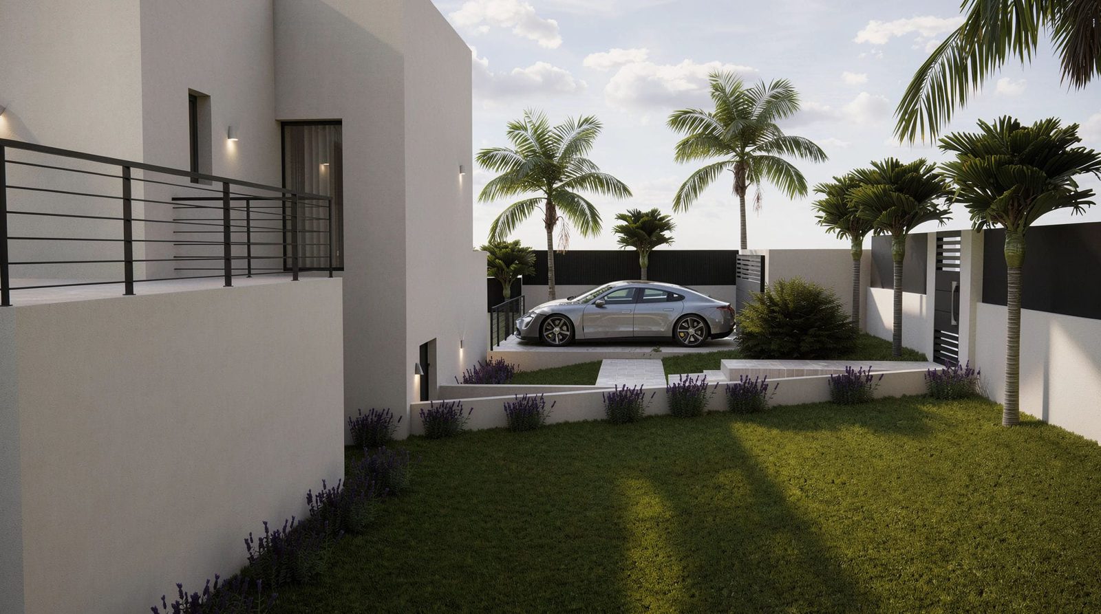 A modern garden with a car parked on the lawn of a 5-bedroom villa in Jávea / Xàbia - The Estates