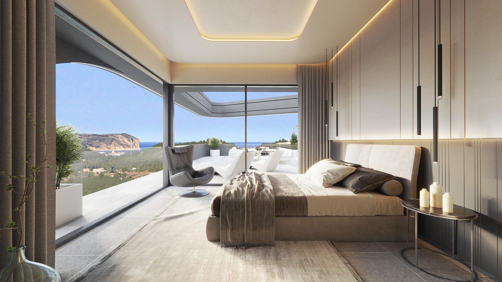 Modern bedroom with terrace and sea, mountain and