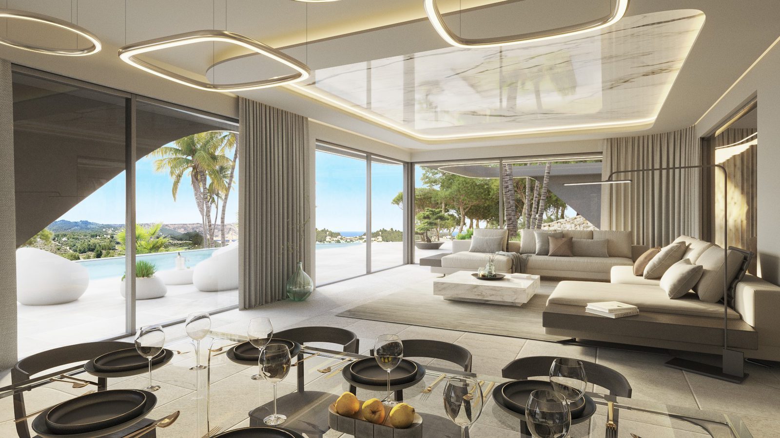 Contemporary living and dining room with pool, sea and mountain views in a 4-bedroom villa in Jávea - The Estates