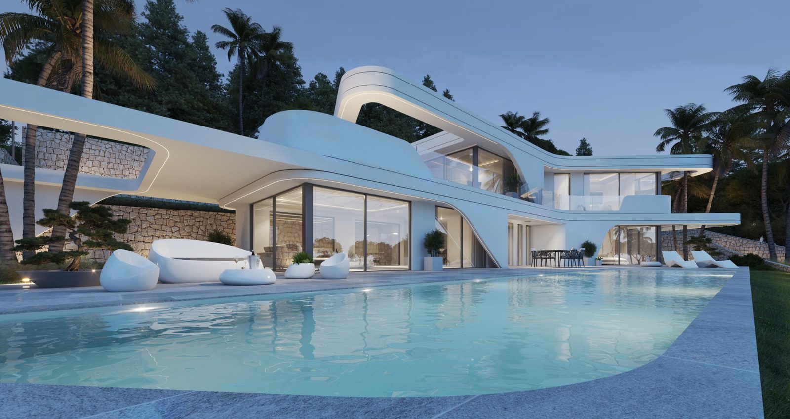Contemporary villa exterior with curved architecture, glass walls and a pool framed by palms in Monte Olimpo, of a 4
