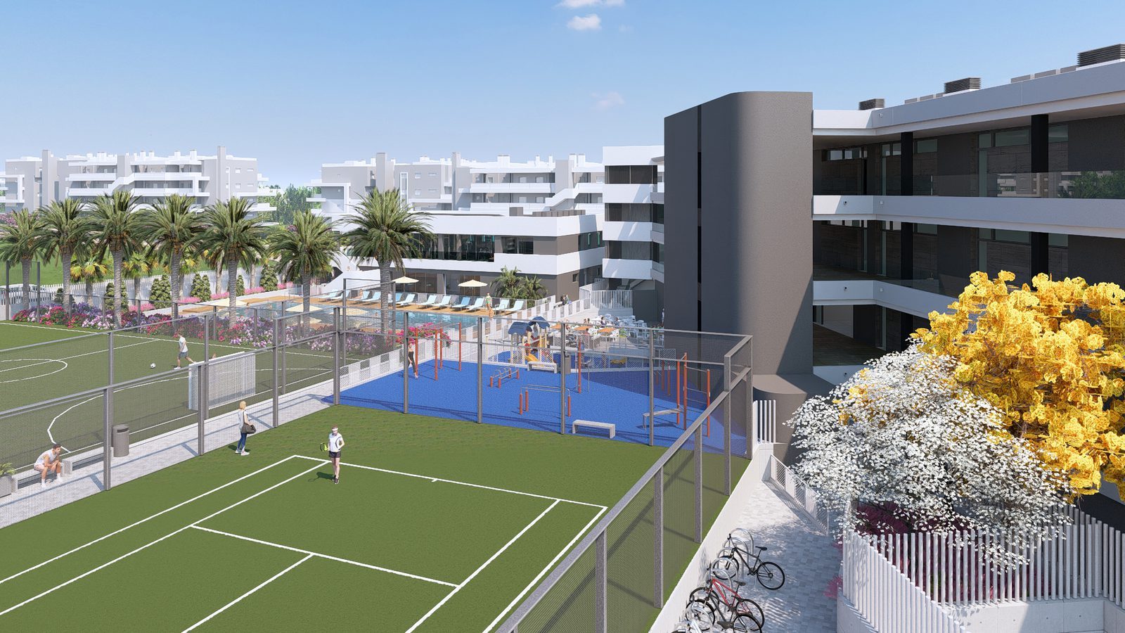 Contemporary resort with football pitch, padel court, pools and palm-lined gardens of a 2-bedroom apartment in Torrevieja - The Estates