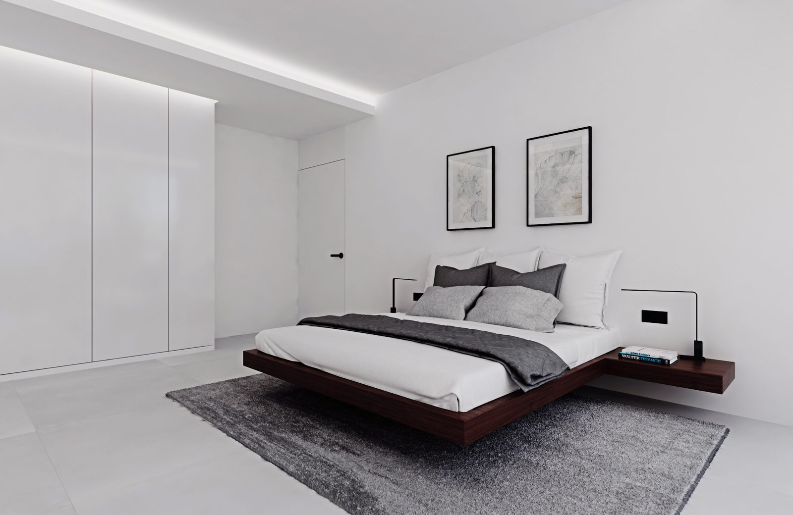 Modern bedroom with a floating bed, built-in wardrobes and wall art in El Mascarat, of a 3-bedroom apartment in Calpe - The Estates