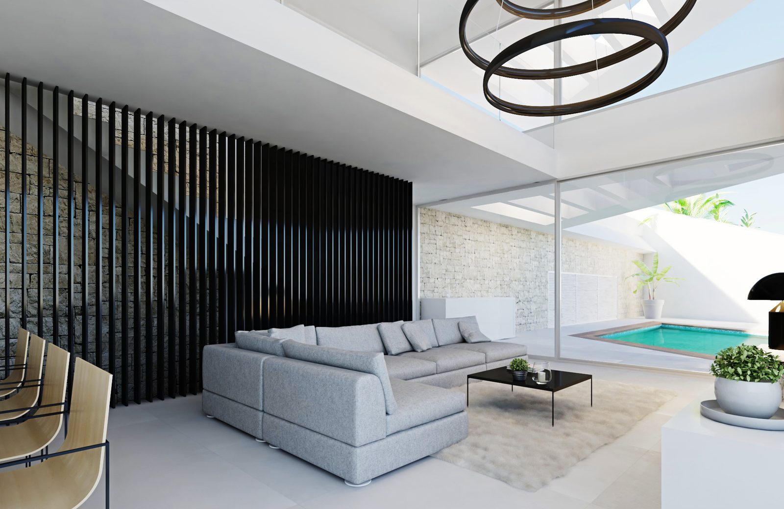 Modern living room with grey sofa,