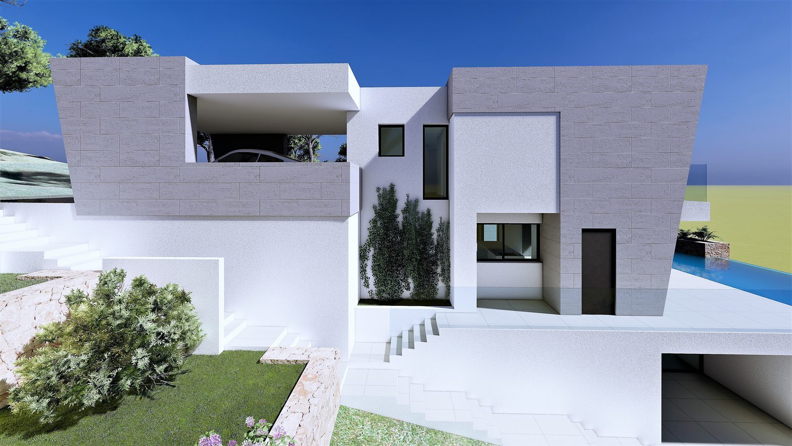 Modern villa exterior with pool and sea views of a 3-bedroom villa in Benitachell - The Estates