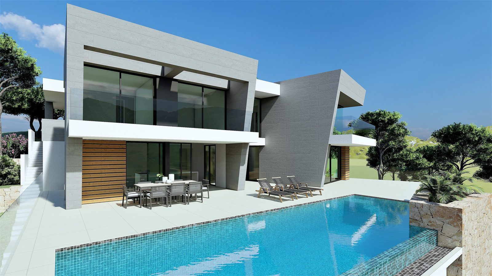 Modern villa exterior with private pool and sea views of a 3-bedroom villa in Benitachell