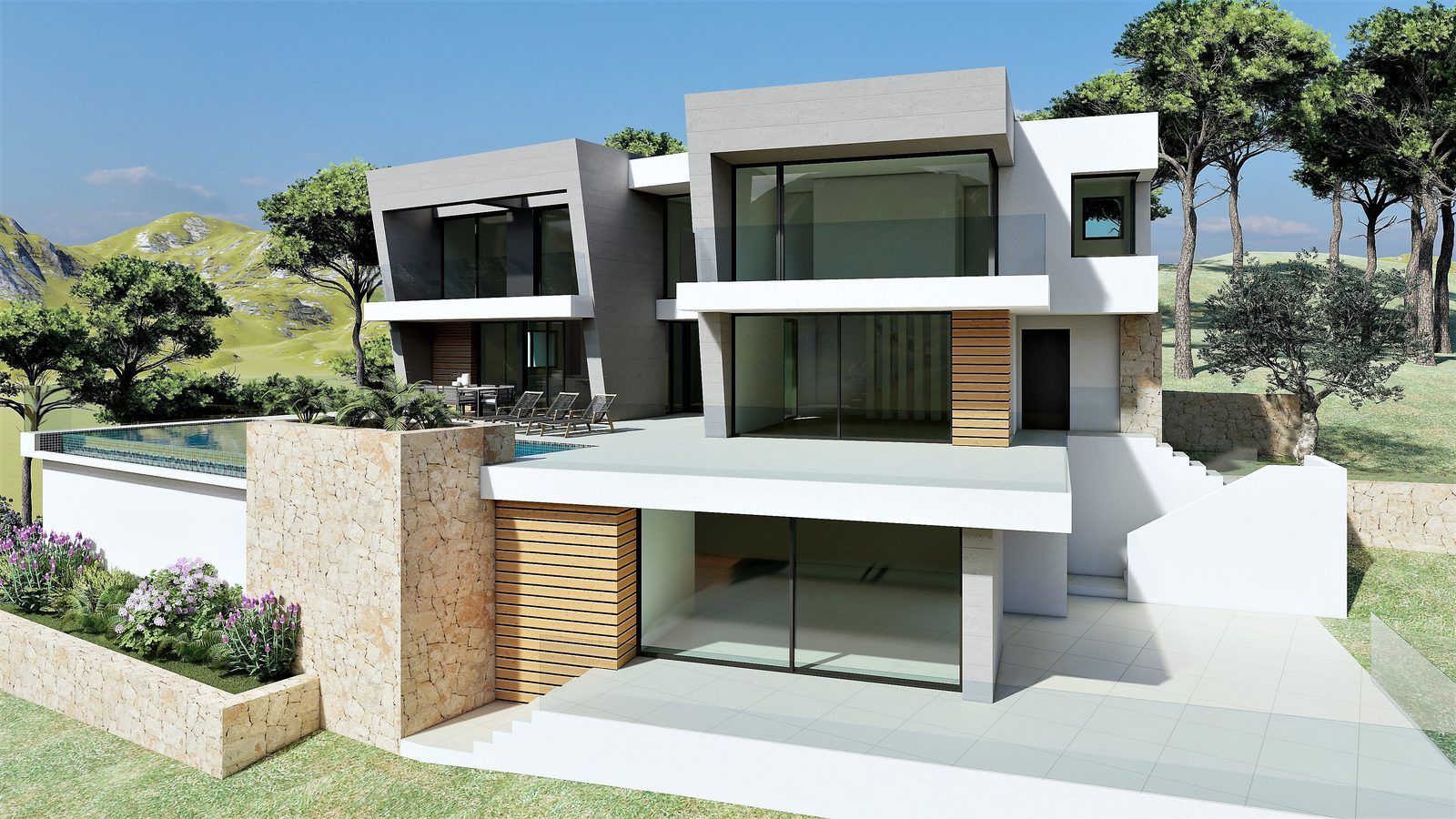 Modern villa exterior with pool and terraces of a 3-bedroom villa in Benitachell - The Estates
