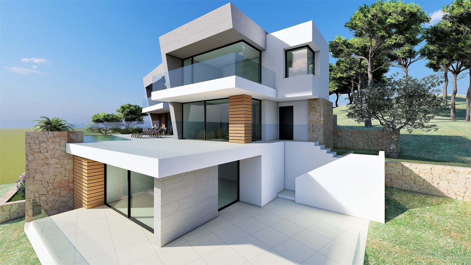 Modern white villa with glass balconies, terraces and swimming pool overlooking the sea in Benitachell - The Estates