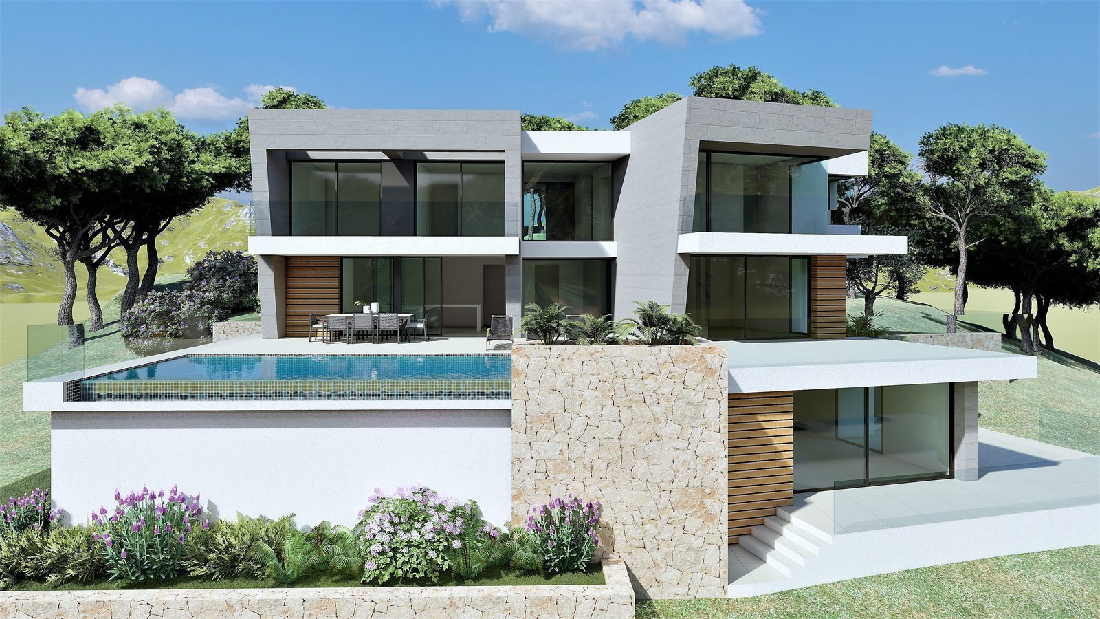 Modern exterior with swimming pool of a