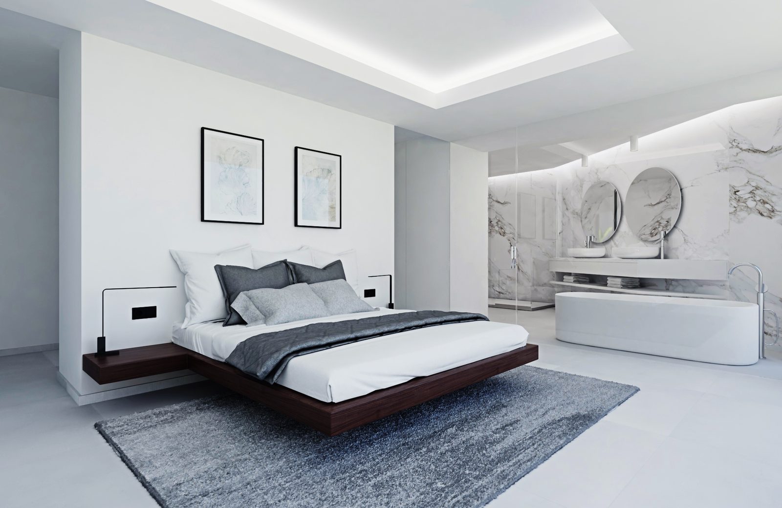 Modern bedroom with freestanding bathtub and marble bathroom in a 3-bedroom apartment in Calpe - The Estates