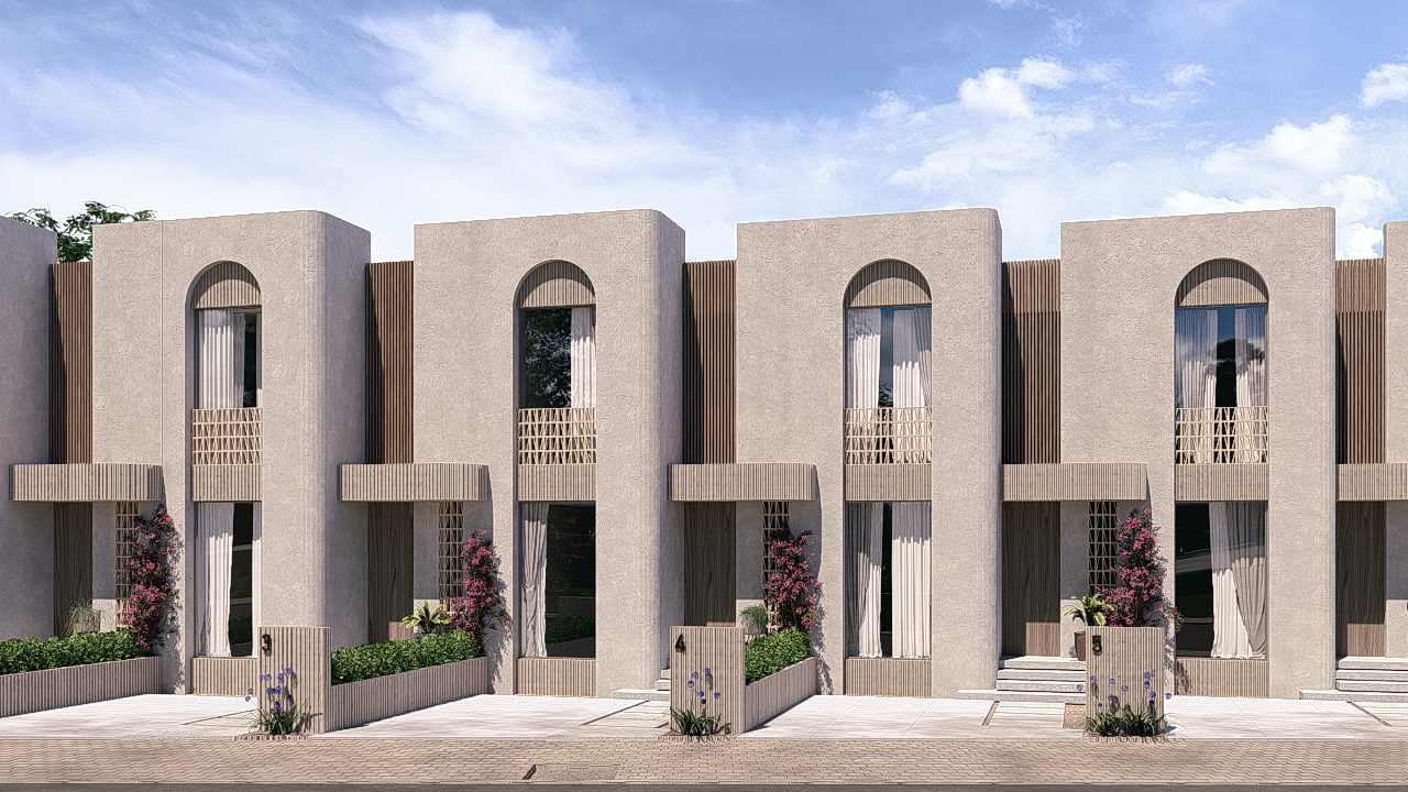 Exterior view of a modern 3-bedroom apartment with arched windows in Jávea - The Estates