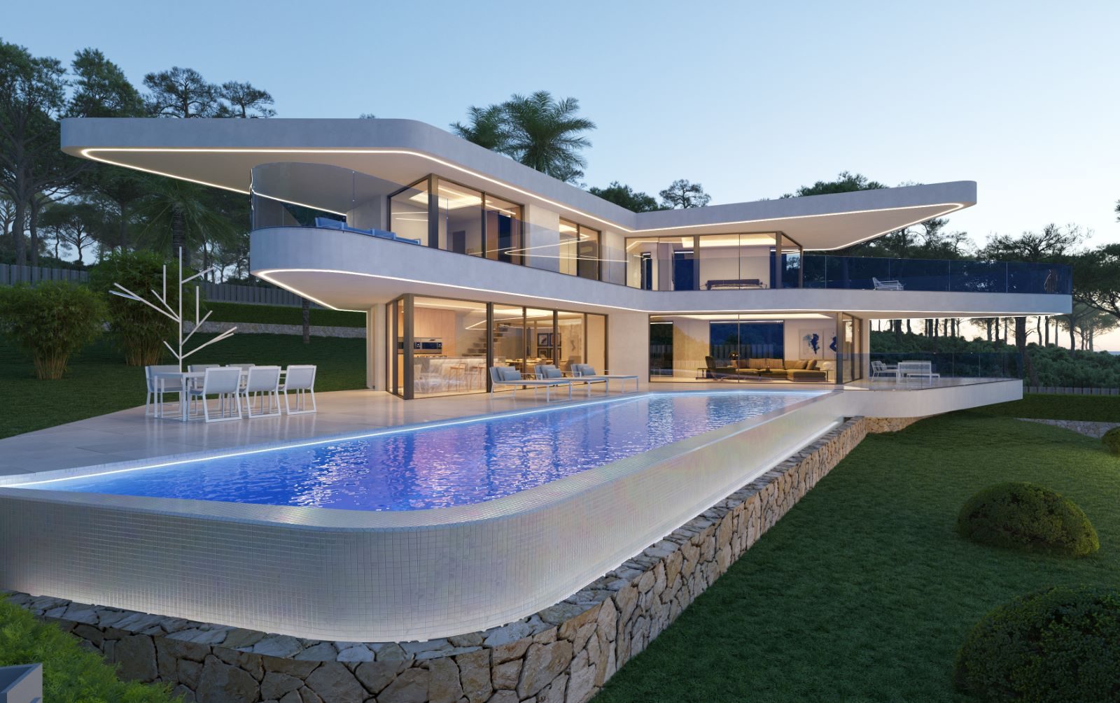 Modern villa with illuminated pool, glass walls and landscaped garden of a 4-bedroom villa in Jáve