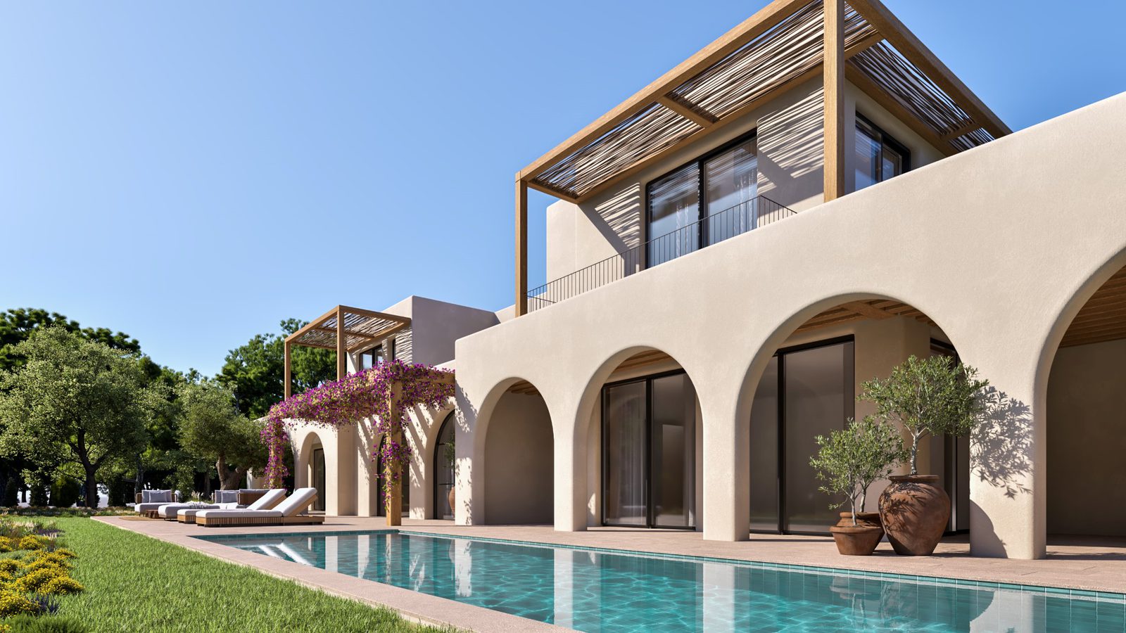 Exterior view of a luxurious 4-bedroom villa with a pool and garden in Moraira - The Estates