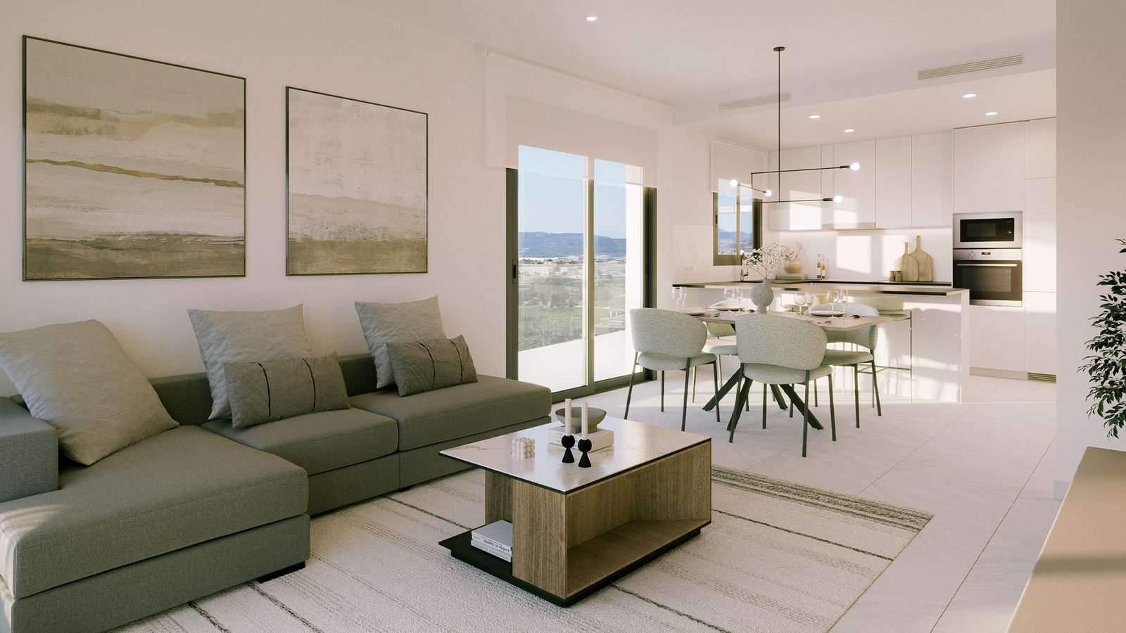 Stylish living and dining area with modern kitchen in a 3-bedroom apartment in Valencia - The Estates