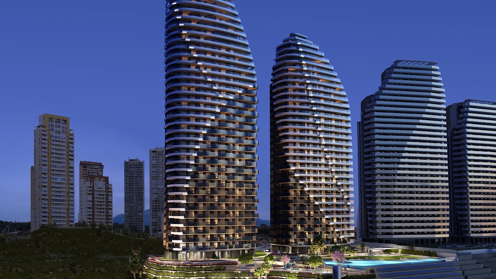 Night-time view of modern high-rise towers and swimming pools of a 4-bedroom apartment in Ben