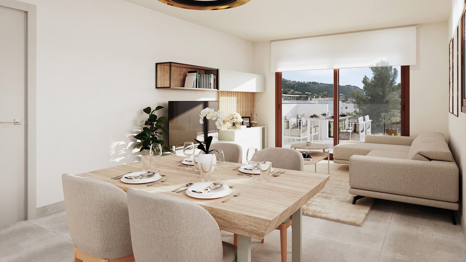 Open-plan living and dining room with mountain views in a 2-bedroom apartment in Capdepera - The Estates