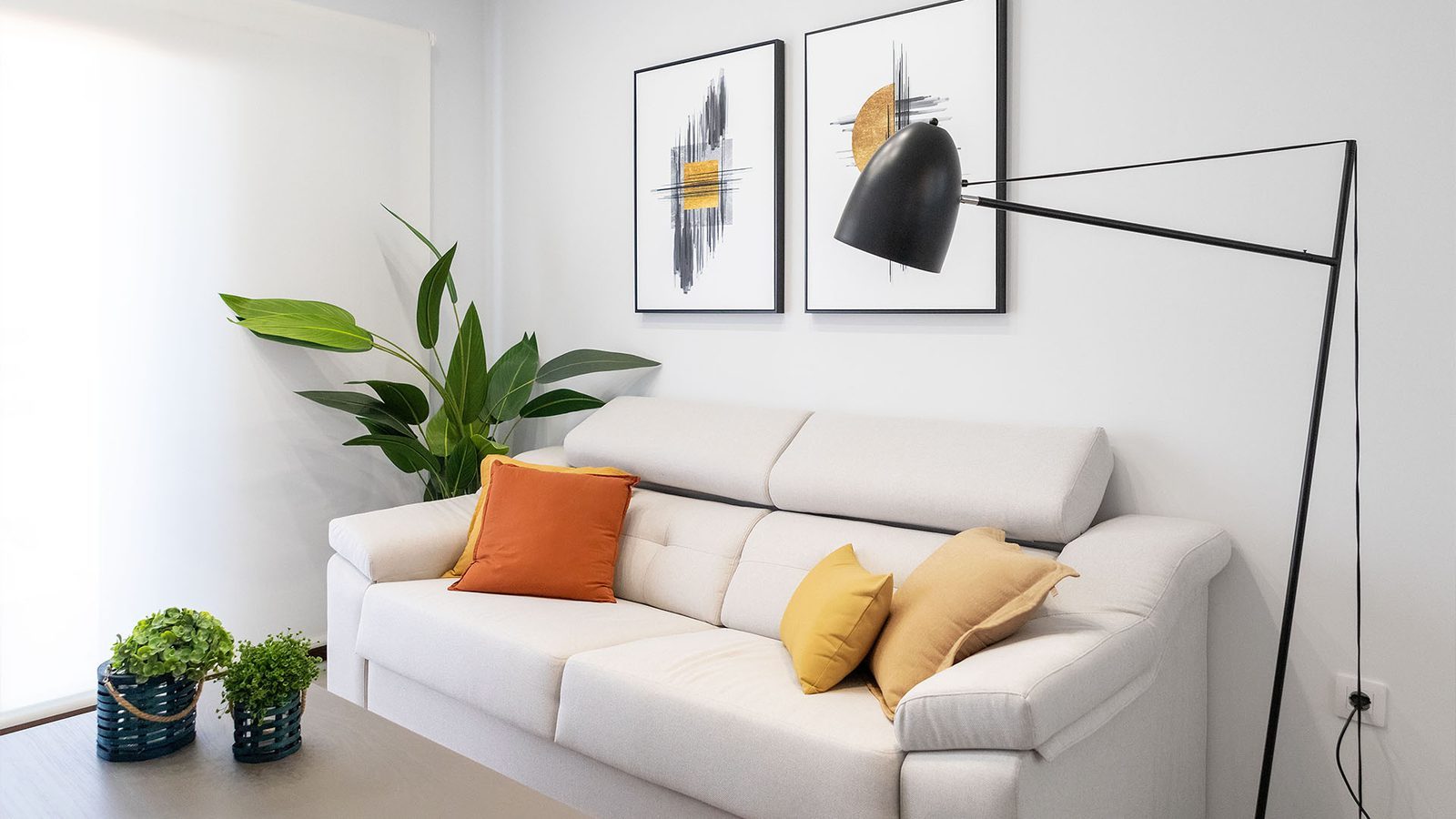 Bright living room with white sofa,