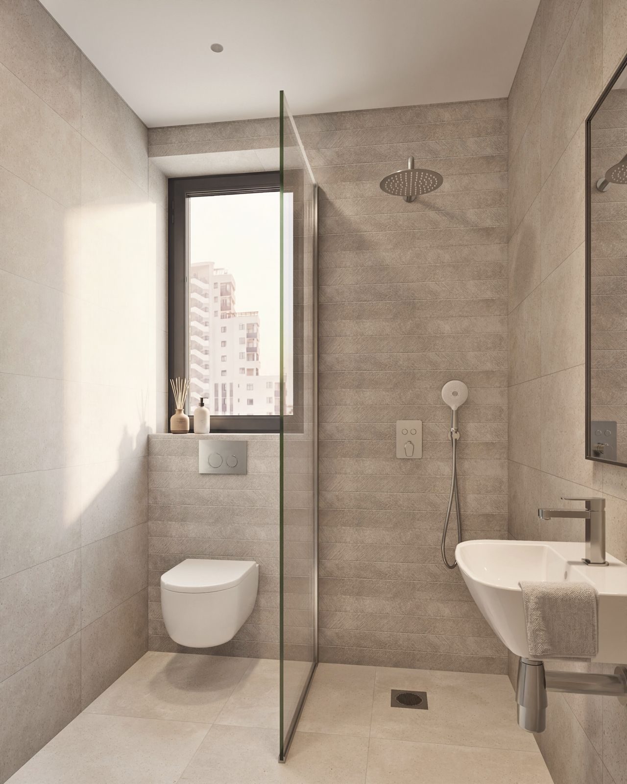 Modern tiled bathroom with walk-in shower, wall-hung toilet and basin in a 2-bedroom apartment in Calpe - The Estates