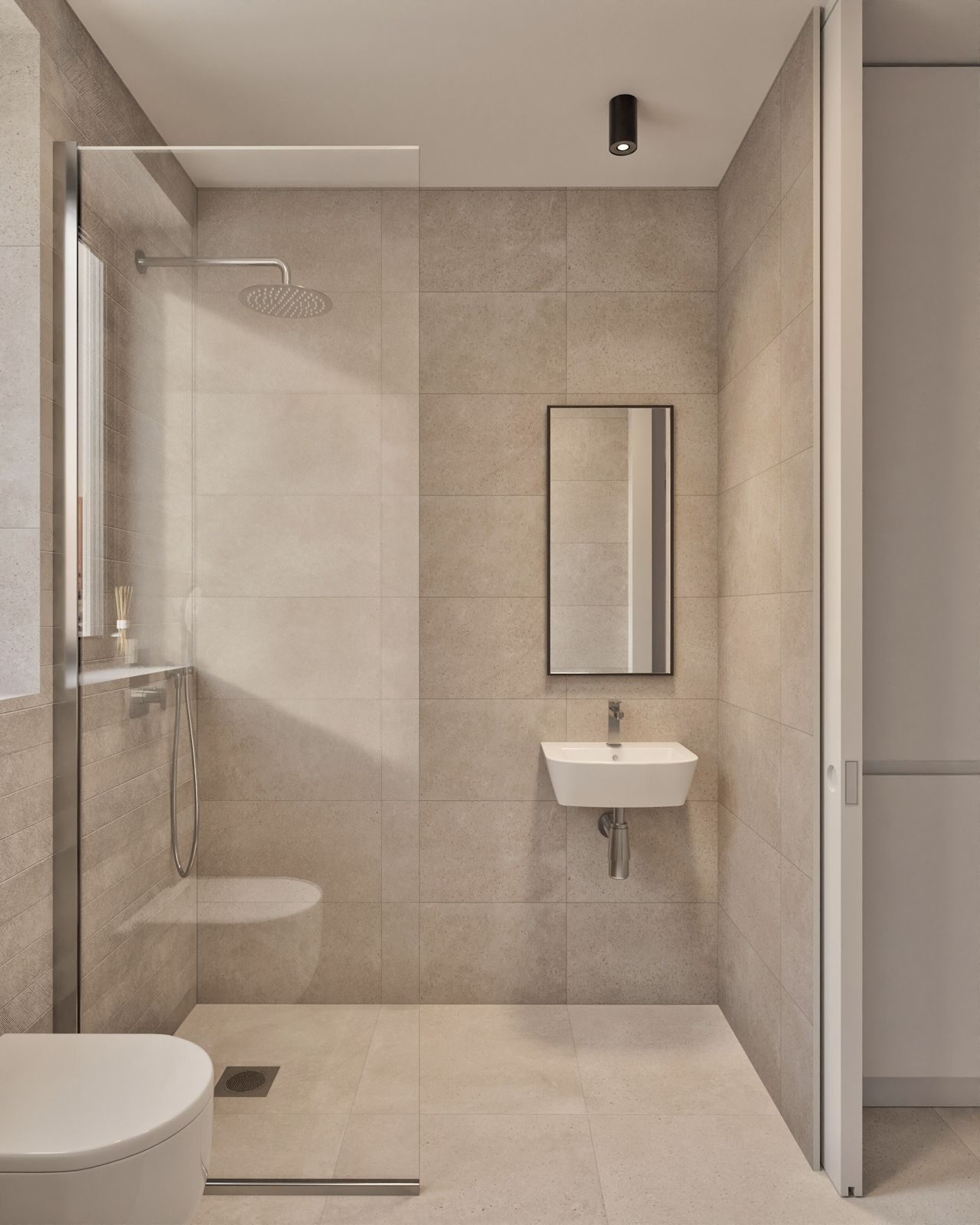 Modern tiled bathroom with walk-in shower, wall-mounted basin and mirror in a 2-bedroom apartment in Calpe - The Estates