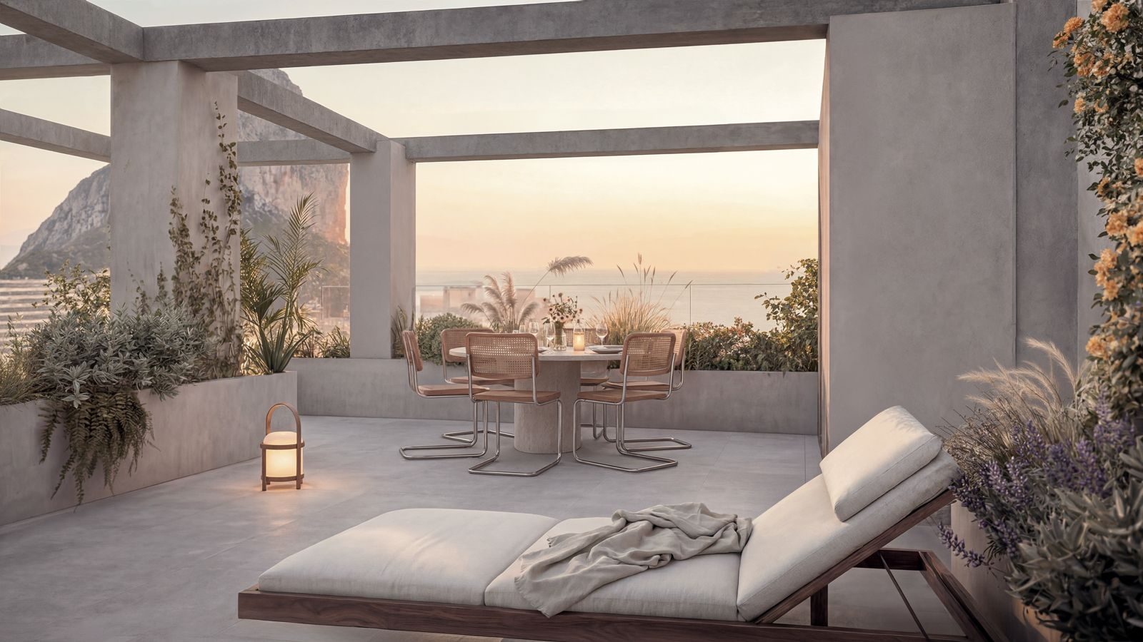 Garden terrace with loungers, dining area