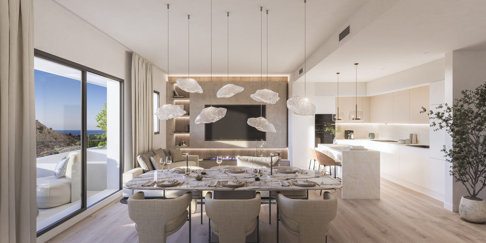 Stylish living and dining area with sea views in a 2-bedroom apartment in Villajoyosa - The Estates