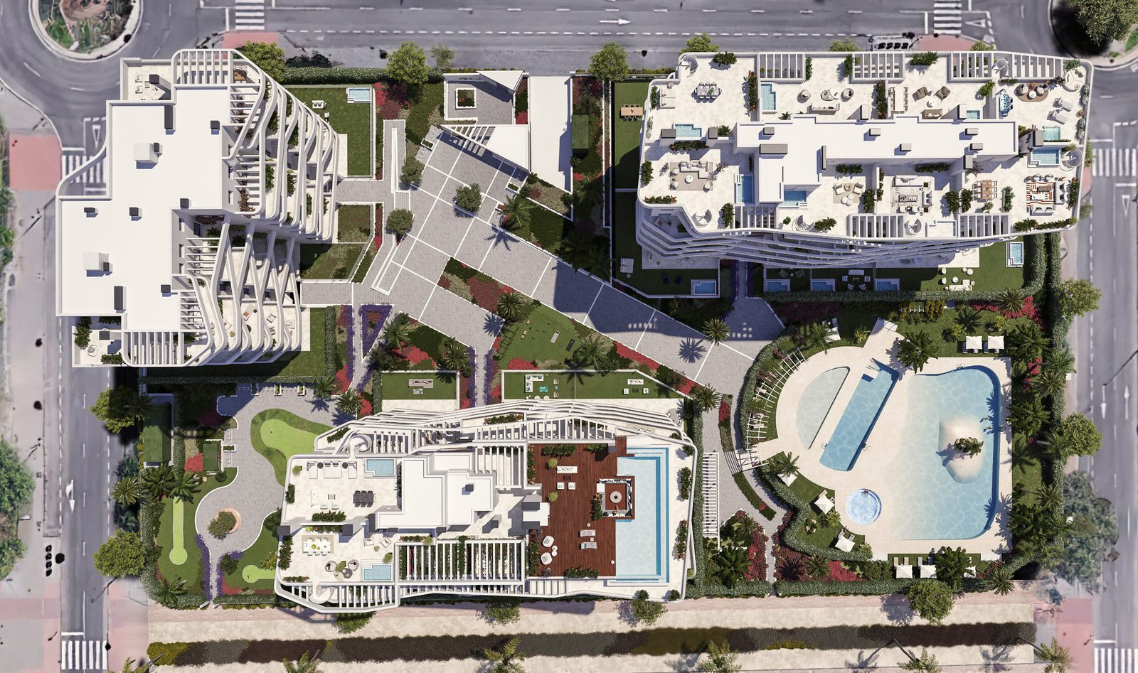 Aerial view of the complex and pool area of a 2-bedroom apartment in Villajoyosa - The Estates