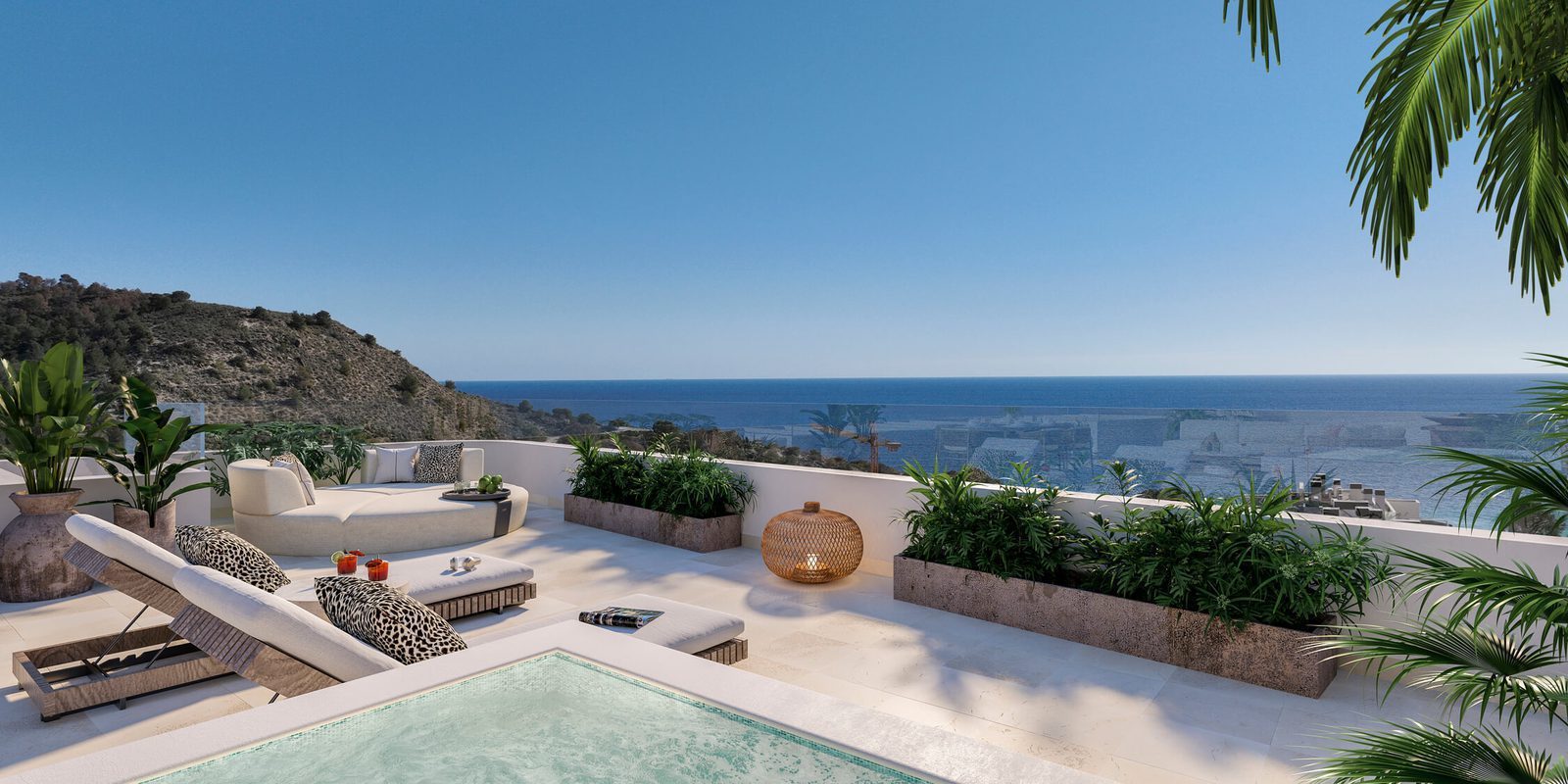 Rooftop terrace with plunge pool, loungers and sea views of a 3-bedroom apartment in Villajoyosa - The Estates