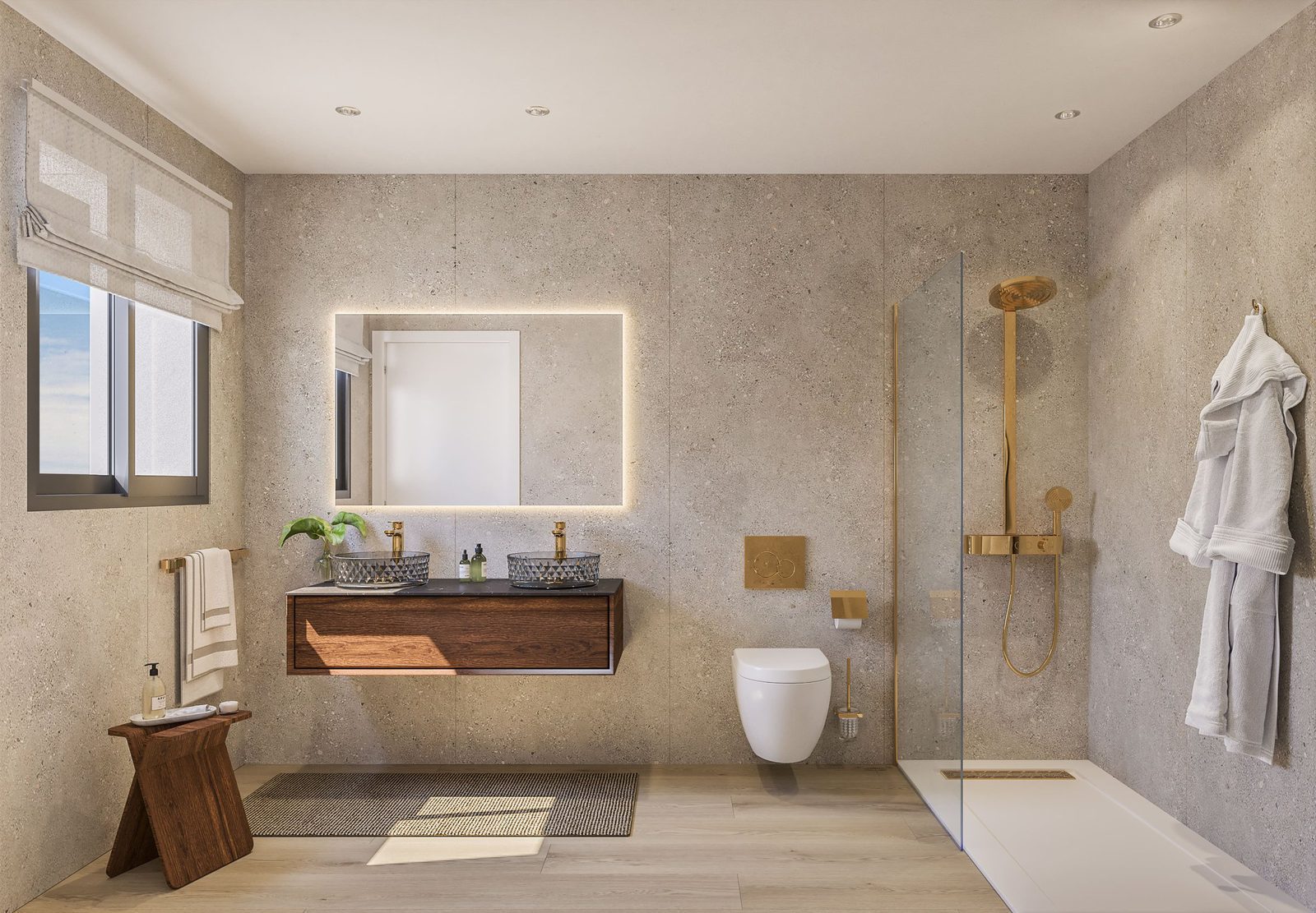A modern bathroom with a walk-in shower in a 2-bedroom apartment in Villajoyosa - The Estates