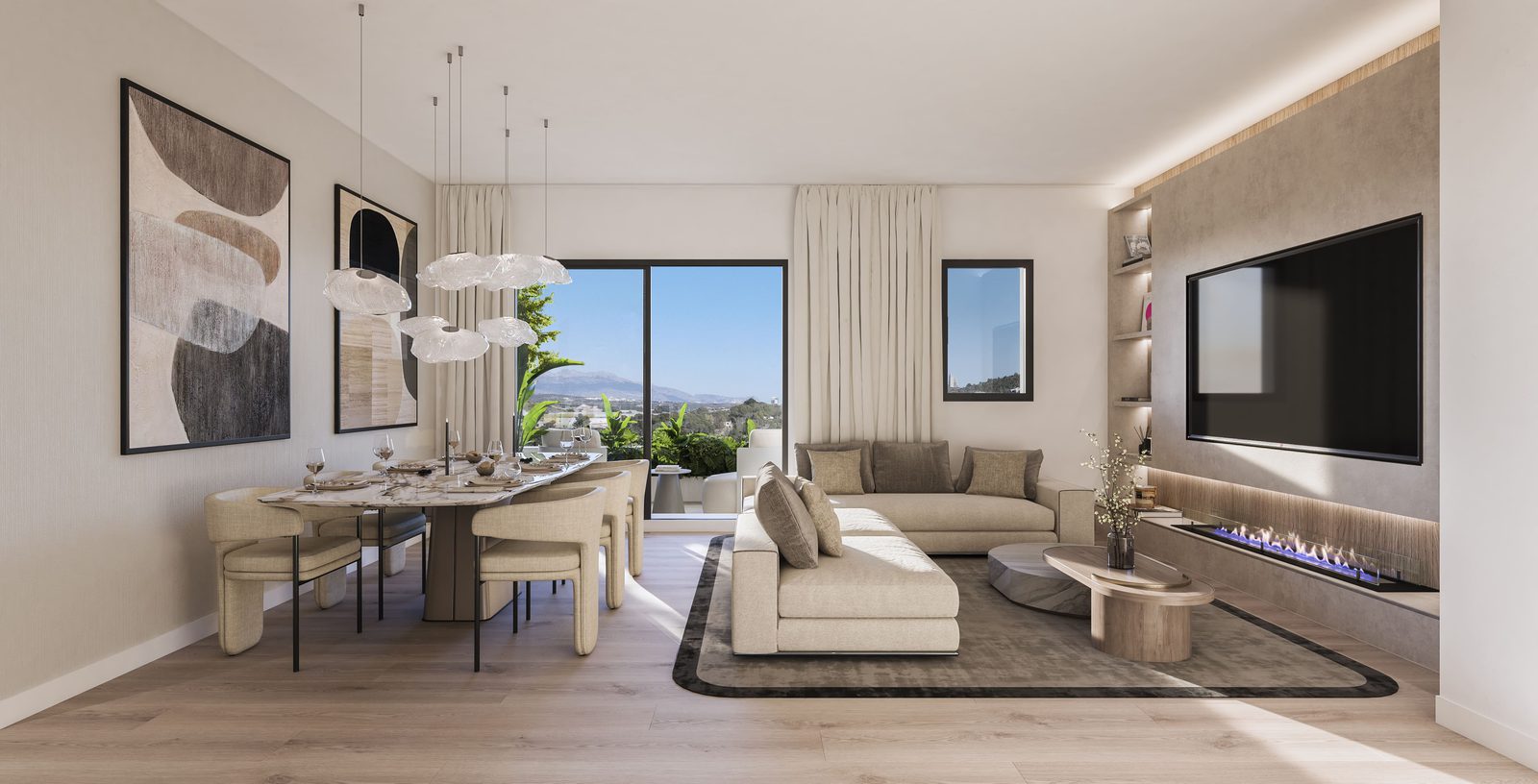 Stylish living room with sea views in a 2-bedroom apartment in Villajoyosa - The Estates