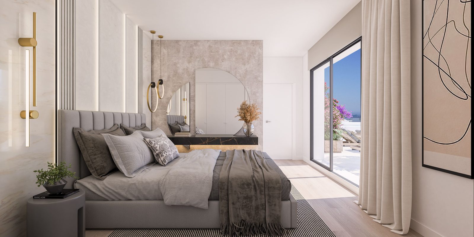 A stylish bedroom with sea views in a 2-bedroom apartment in Villajoyosa - The Estates