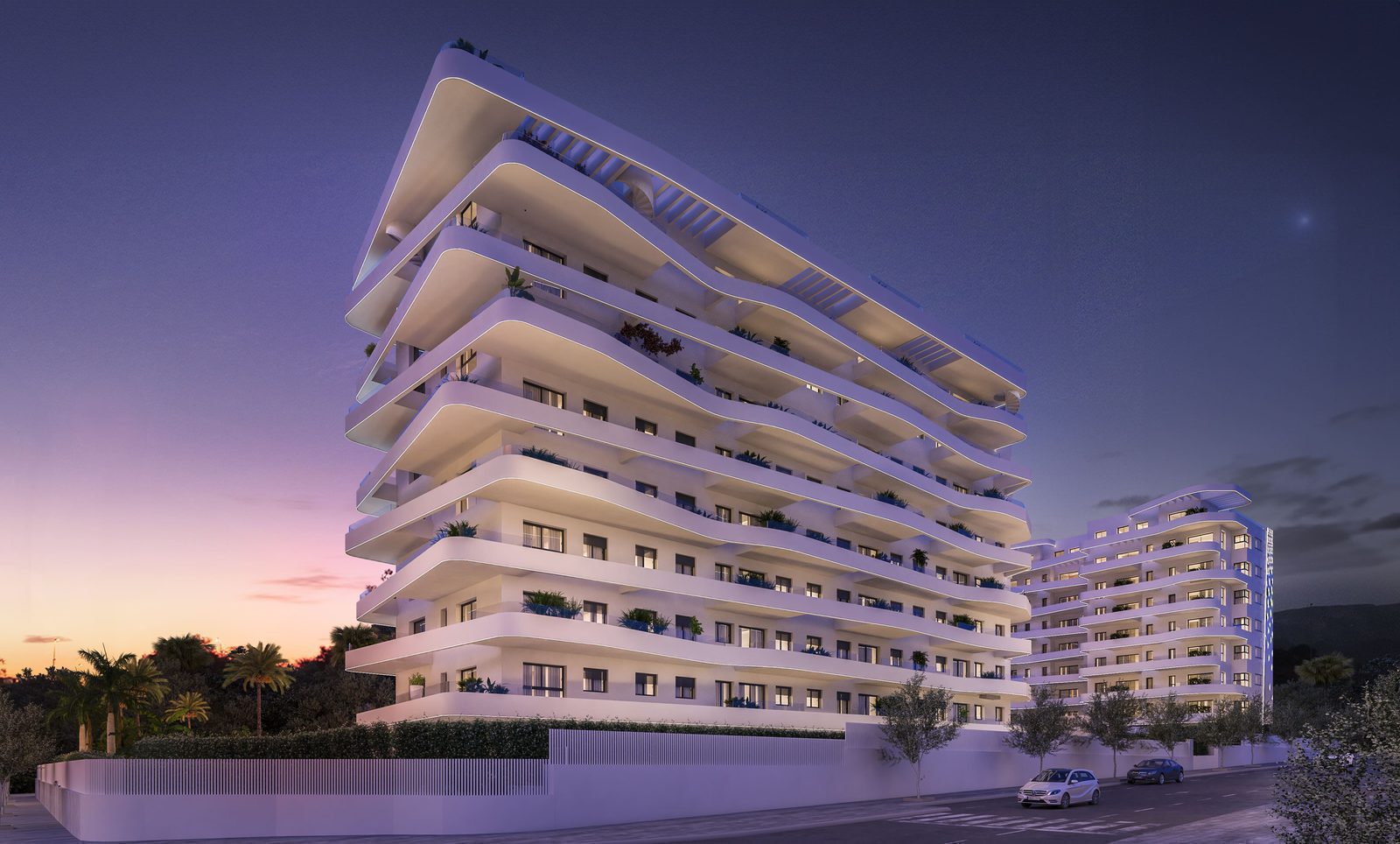 Exterior view of a modern apartment building with sea views in Villajoyosa - The Estates